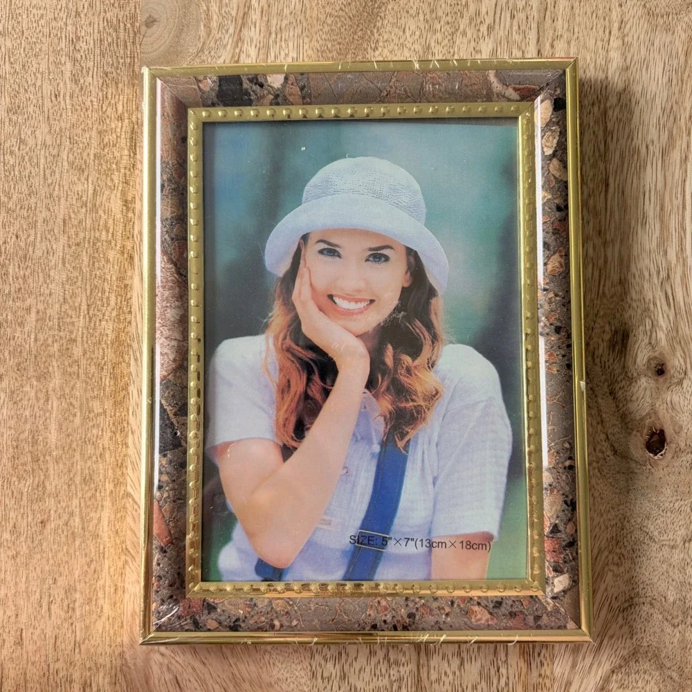 90s Vintage Style Gold Beaded Faux Stone 5x7 Picture Frame Tabletop Wall Mount